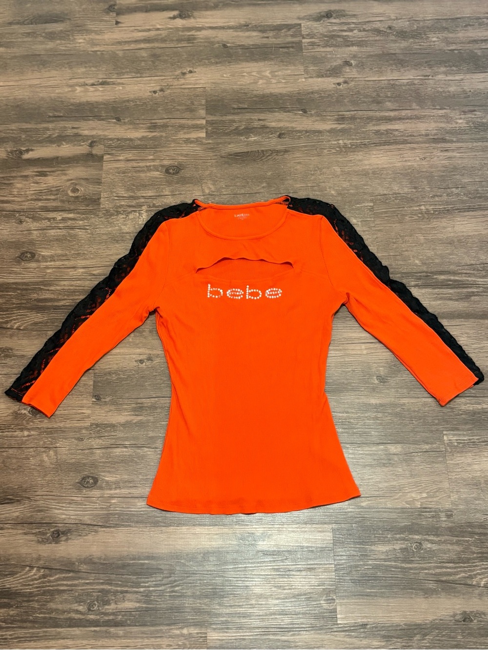 Y2K bebe Orange Ribbed 3/4 sleeve shirt with Silver Logo Detail